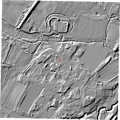 Shaded relief map of the ground around SL46EF, computed from Environment Agency LiDAR. The ground here sits at about 20 m above sea level and falls 13 m across the surrounding 800 m. Surface water reaching this point runs off ground lying to the north-west, 0.8 m higher.