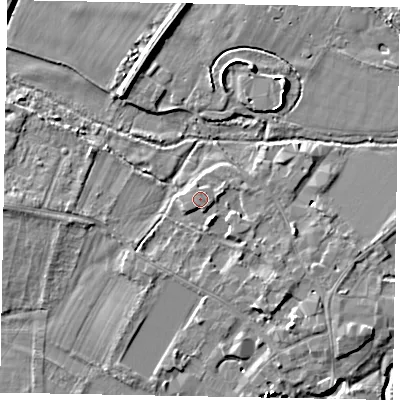 Shaded relief map of the ground around SL46EG, computed from Environment Agency LiDAR. The ground here sits at about 21 m above sea level and falls 13 m across the surrounding 800 m. Surface water reaching this point runs off ground lying to the south-south-east, 1.9 m higher.