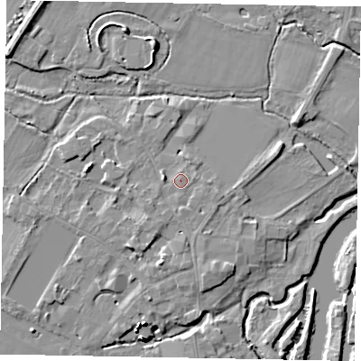 Shaded relief map of the ground around SL46EH, computed from Environment Agency LiDAR. The ground here sits at about 20 m above sea level and falls 15 m across the surrounding 800 m. Surface water reaching this point runs off ground lying to the south, 0.9 m higher.