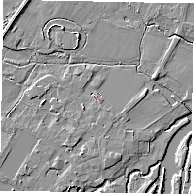 Shaded relief map of the ground around SL46EJ, computed from Environment Agency LiDAR. The ground here sits at about 20 m above sea level and falls 13 m across the surrounding 800 m. Surface water reaching this point runs off ground lying to the south, 1.5 m higher.