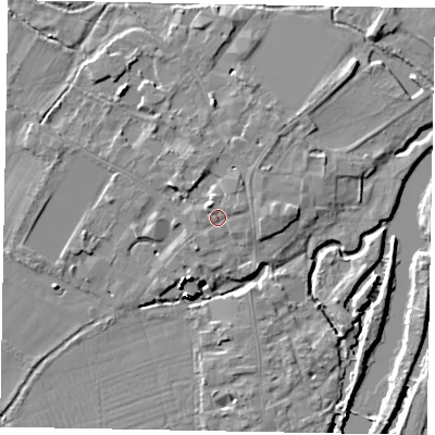 Shaded relief map of the ground around SL46EL, computed from Environment Agency LiDAR. The ground here sits at about 21 m above sea level and falls 16 m across the surrounding 800 m. Surface water reaching this point runs off ground lying to the north-west, 1.8 m higher.