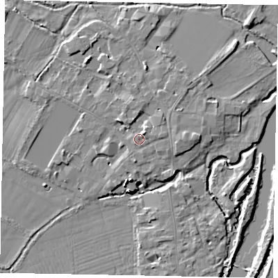 Shaded relief map of the ground around SL46EN, computed from Environment Agency LiDAR. The ground here sits at about 21 m above sea level and falls 16 m across the surrounding 800 m. Surface water reaching this point runs off ground lying to the north-east, 2.5 m higher.