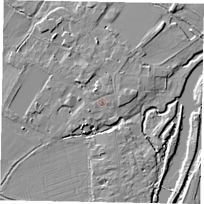 Shaded relief map of the ground around SL46EP, computed from Environment Agency LiDAR. The ground here sits at about 21 m above sea level and falls 16 m across the surrounding 800 m. Surface water reaching this point runs off ground lying to the north-north-west, 1.7 m higher.