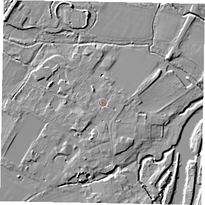 Shaded relief map of the ground around SL46EQ, computed from Environment Agency LiDAR. The ground here sits at about 20 m above sea level and falls 15 m across the surrounding 800 m. Surface water reaching this point runs off ground lying to the south-south-east, 2.1 m higher.