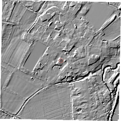 Shaded relief map of the ground around SL46ER, computed from Environment Agency LiDAR. The ground here sits at about 21 m above sea level and falls 15 m across the surrounding 800 m. Surface water reaching this point runs off ground lying to the north-north-east, 2.8 m higher.