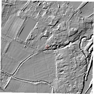 Shaded relief map of the ground around SL46ES, computed from Environment Agency LiDAR. The ground here sits at about 21 m above sea level and falls 15 m across the surrounding 800 m. Surface water reaching this point runs off ground lying to the north, 4.7 m higher.
