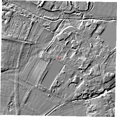Shaded relief map of the ground around SL46ET, computed from Environment Agency LiDAR. The ground here sits at about 20 m above sea level and falls 14 m across the surrounding 800 m. Surface water reaching this point runs off ground lying to the north-north-east, 2.3 m higher.