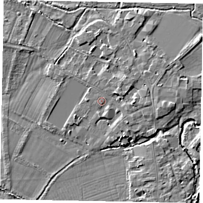 Shaded relief map of the ground around SL46EU, computed from Environment Agency LiDAR. The ground here sits at about 20 m above sea level and falls 15 m across the surrounding 800 m. Surface water reaching this point runs off ground lying to the south, 1.2 m higher.