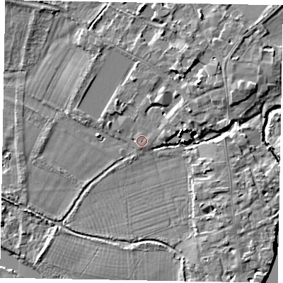 Shaded relief map of the ground around SL46EW, computed from Environment Agency LiDAR. The ground here sits at about 20 m above sea level and falls 15 m across the surrounding 800 m. Surface water reaching this point runs off ground lying to the north-north-east, 3.7 m higher.
