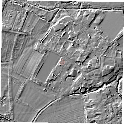 Shaded relief map of the ground around SL46EX, computed from Environment Agency LiDAR. The ground here sits at about 20 m above sea level and falls 15 m across the surrounding 800 m. Surface water reaching this point runs off ground lying to the west, 1.4 m higher.