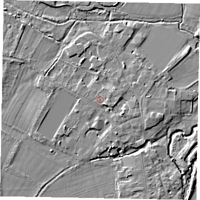 Shaded relief map of the ground around SL46EY, computed from Environment Agency LiDAR. The ground here sits at about 20 m above sea level and falls 15 m across the surrounding 800 m. Surface water reaching this point runs off ground lying to the east-north-east, 1.2 m higher.