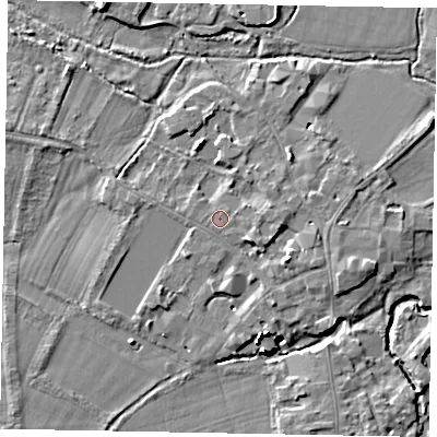 Shaded relief map of the ground around SL46EZ, computed from Environment Agency LiDAR. The ground here sits at about 20 m above sea level and falls 15 m across the surrounding 800 m. Surface water reaching this point runs off ground lying to the east, 1.2 m higher.