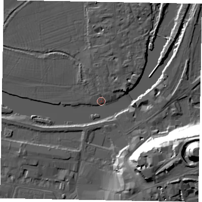 Shaded relief map of the ground around SL46FB, computed from Environment Agency LiDAR. The ground here sits at about 19 m above sea level and falls 48 m across the surrounding 800 m. Surface water reaching this point runs off ground lying to the east, 3.7 m higher.