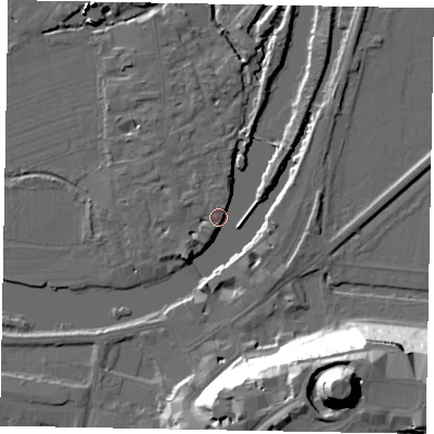 Shaded relief map of the ground around SL46FD, computed from Environment Agency LiDAR. The ground here sits at about 20 m above sea level and falls 48 m across the surrounding 800 m. Surface water reaching this point runs off ground lying to the south-west, 5.6 m higher.