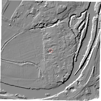 Shaded relief map of the ground around SL46FE, computed from Environment Agency LiDAR. The ground here sits at about 20 m above sea level and falls 16 m across the surrounding 800 m. Surface water reaching this point runs off ground lying to the east-north-east, 1.1 m higher.