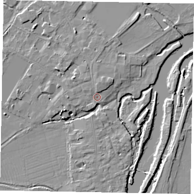 Shaded relief map of the ground around SL46FF, computed from Environment Agency LiDAR. The ground here sits at about 20 m above sea level and falls 16 m across the surrounding 800 m. Surface water reaching this point runs off ground lying to the north, 1.9 m higher.