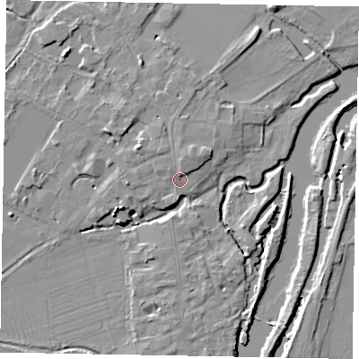 Shaded relief map of the ground around SL46FG, computed from Environment Agency LiDAR. The ground here sits at about 20 m above sea level and falls 16 m across the surrounding 800 m. Surface water reaching this point runs off ground lying to the north, 1.9 m higher.