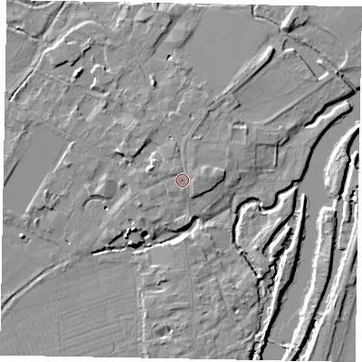 Shaded relief map of the ground around SL46FH, computed from Environment Agency LiDAR. The ground here sits at about 21 m above sea level and falls 16 m across the surrounding 800 m. The ground contributing surface water to this point lies to the south.