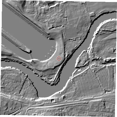 Shaded relief map of the ground around SL46FJ, computed from Environment Agency LiDAR. The ground here sits at about 21 m above sea level and falls 8 m across the surrounding 800 m. Surface water reaching this point runs off ground lying to the east-north-east, 1.1 m higher.