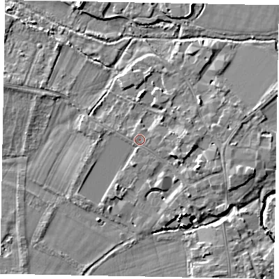 Shaded relief map of the ground around SL46HA, computed from Environment Agency LiDAR. The ground here sits at about 20 m above sea level and falls 15 m across the surrounding 800 m. Surface water reaching this point runs off ground lying to the east, 0.5 m higher.