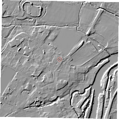 Shaded relief map of the ground around SL46HB, computed from Environment Agency LiDAR. The ground here sits at about 20 m above sea level and falls 15 m across the surrounding 800 m. Surface water reaching this point runs off ground lying to the north-east, 0.8 m higher.
