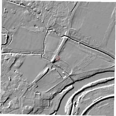 Shaded relief map of the ground around SL46HD, computed from Environment Agency LiDAR. The ground here sits at about 20 m above sea level and falls 7 m across the surrounding 800 m. Surface water reaching this point runs off ground lying to the west-south-west, 1.5 m higher.