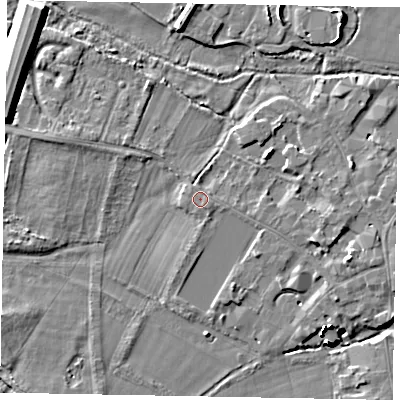 Shaded relief map of the ground around SL46HE, computed from Environment Agency LiDAR. The ground here sits at about 20 m above sea level and falls 14 m across the surrounding 800 m. The ground contributing surface water to this point lies to the south-east.