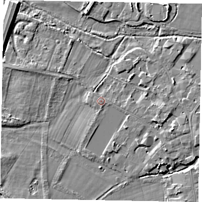 Shaded relief map of the ground around SL46HF, computed from Environment Agency LiDAR. The ground here sits at about 21 m above sea level and falls 14 m across the surrounding 800 m. Surface water reaching this point runs off ground lying to the north-west, 0.9 m higher.