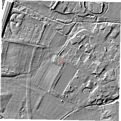 Shaded relief map of the ground around SL46HH, computed from Environment Agency LiDAR. The ground here sits at about 20 m above sea level and falls 14 m across the surrounding 800 m. The ground contributing surface water to this point lies to the south-east.