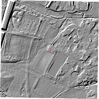Shaded relief map of the ground around SL46HJ, computed from Environment Agency LiDAR. The ground here sits at about 20 m above sea level and falls 14 m across the surrounding 800 m. Surface water reaching this point runs off ground lying to the west-north-west, 3.1 m higher.