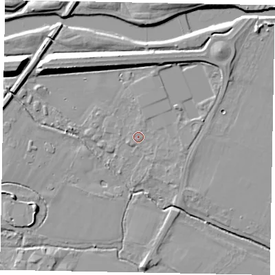 Shaded relief map of the ground around SL46HL, computed from Environment Agency LiDAR. The ground here sits at about 20 m above sea level and falls 13 m across the surrounding 800 m. Surface water reaching this point runs off ground lying to the east-south-east, 1.1 m higher.