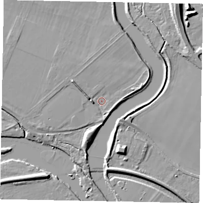 Shaded relief map of the ground around SL46HN, computed from Environment Agency LiDAR. The ground here sits at about 19 m above sea level and falls 10 m across the surrounding 800 m. Surface water reaching this point runs off ground lying to the west, 2.9 m higher.