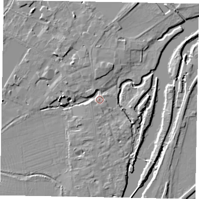 Shaded relief map of the ground around SL46HP, computed from Environment Agency LiDAR. The ground here sits at about 20 m above sea level and falls 16 m across the surrounding 800 m. Surface water reaching this point runs off ground lying to the west-south-west, 3.1 m higher.