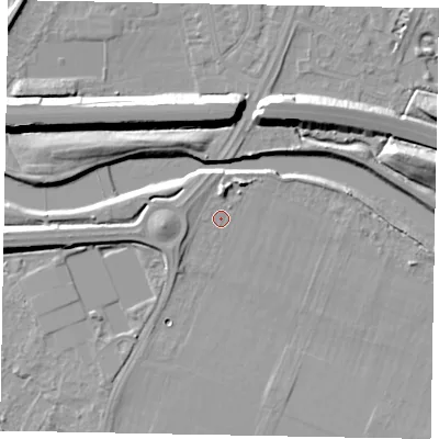 Shaded relief map of the ground around SL46HR, computed from Environment Agency LiDAR. The ground here sits at about 20 m above sea level and falls 12 m across the surrounding 800 m. Surface water reaching this point runs off ground lying to the north-north-east, 1.0 m higher.