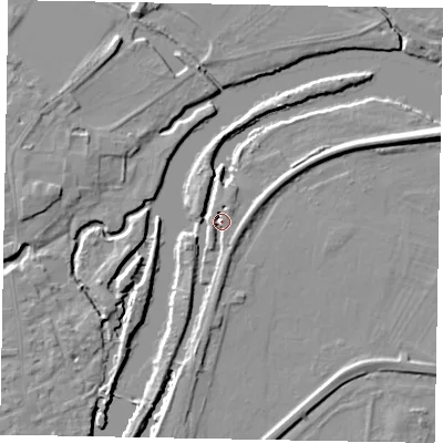 Shaded relief map of the ground around SL46HU, computed from Environment Agency LiDAR. The ground here sits at about 20 m above sea level and falls 7 m across the surrounding 800 m. Surface water reaching this point runs off ground lying to the north-north-east, 3.7 m higher.
