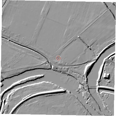 Shaded relief map of the ground around SL46HW, computed from Environment Agency LiDAR. The ground here sits at about 19 m above sea level and falls 8 m across the surrounding 800 m. Surface water reaching this point runs off ground lying to the west-north-west, 1.6 m higher.