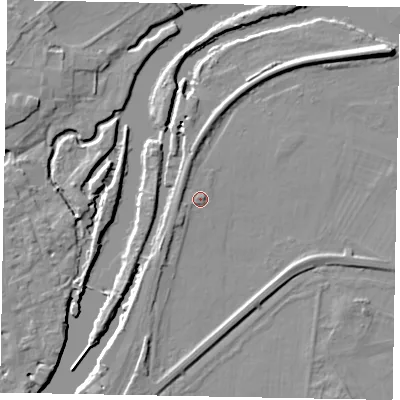Shaded relief map of the ground around SL46HX, computed from Environment Agency LiDAR. The ground here sits at about 19 m above sea level and falls 7 m across the surrounding 800 m. The ground contributing surface water to this point lies to the east-north-east.