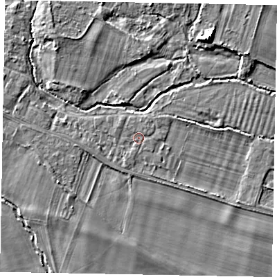Shaded relief map of the ground around SL46JA, computed from Environment Agency LiDAR. The ground here sits at about 20 m above sea level and falls 7 m across the surrounding 800 m. Surface water reaching this point runs off ground lying to the south-south-west, 1.0 m higher.
