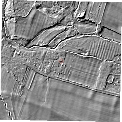 Shaded relief map of the ground around SL46JB, computed from Environment Agency LiDAR. The ground here sits at about 21 m above sea level and falls 7 m across the surrounding 800 m. Surface water reaching this point runs off ground lying to the south-west, 1.0 m higher.