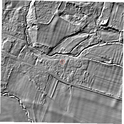 Shaded relief map of the ground around SL46JE, computed from Environment Agency LiDAR. The ground here sits at about 20 m above sea level and falls 7 m across the surrounding 800 m. Surface water reaching this point runs off ground lying to the south-south-west, 1.2 m higher.