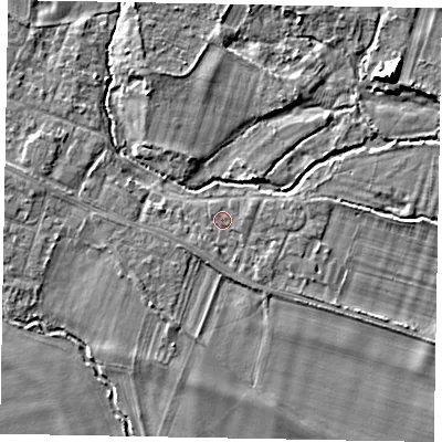 Shaded relief map of the ground around SL46JF, computed from Environment Agency LiDAR. The ground here sits at about 20 m above sea level and falls 7 m across the surrounding 800 m. Surface water reaching this point runs off ground lying to the south, 1.0 m higher.