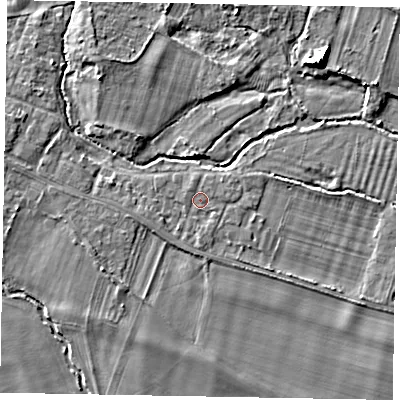 Shaded relief map of the ground around SL46JG, computed from Environment Agency LiDAR. The ground here sits at about 20 m above sea level and falls 7 m across the surrounding 800 m. Surface water reaching this point runs off ground lying to the south, 1.0 m higher.