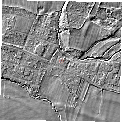 Shaded relief map of the ground around SL46JH, computed from Environment Agency LiDAR. The ground here sits at about 21 m above sea level and falls 4 m across the surrounding 800 m. The ground contributing surface water to this point lies to the north.