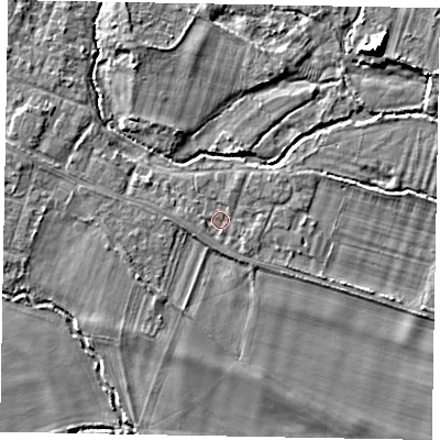 Shaded relief map of the ground around SL46JJ, computed from Environment Agency LiDAR. The ground here sits at about 20 m above sea level and falls 7 m across the surrounding 800 m. Surface water reaching this point runs off ground lying to the west, 0.9 m higher.