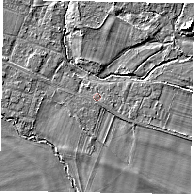 Shaded relief map of the ground around SL46JL, computed from Environment Agency LiDAR. The ground here sits at about 21 m above sea level and falls 7 m across the surrounding 800 m. Surface water reaching this point runs off ground lying to the south-east, 0.6 m higher.