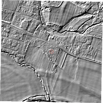 Shaded relief map of the ground around SL46JN, computed from Environment Agency LiDAR. The ground here sits at about 21 m above sea level and falls 5 m across the surrounding 800 m. Surface water reaching this point runs off ground lying to the south-west, 0.9 m higher.