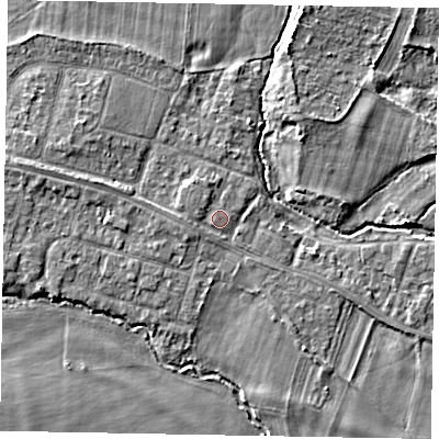 Shaded relief map of the ground around SL46JP, computed from Environment Agency LiDAR. The ground here sits at about 21 m above sea level and falls 4 m across the surrounding 800 m. Surface water reaching this point runs off ground lying to the west-north-west, 1.0 m higher.