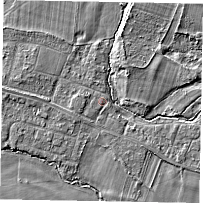 Shaded relief map of the ground around SL46JR, computed from Environment Agency LiDAR. The ground here sits at about 21 m above sea level and falls 4 m across the surrounding 800 m. Surface water reaching this point runs off ground lying to the west-south-west, 1.4 m higher.