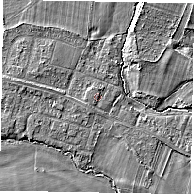 Shaded relief map of the ground around SL46JT, computed from Environment Agency LiDAR. The ground here sits at about 21 m above sea level and falls 4 m across the surrounding 800 m. Surface water reaching this point runs off ground lying to the north, 0.8 m higher.