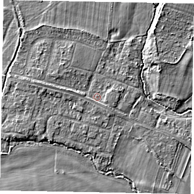 Shaded relief map of the ground around SL46JU, computed from Environment Agency LiDAR. The ground here sits at about 21 m above sea level and falls 4 m across the surrounding 800 m. Surface water reaching this point runs off ground lying to the east-south-east, 1.0 m higher.